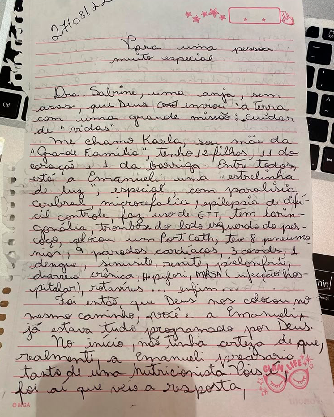Carta manuscrita de agradecimento de Karla, mãe da Emanueli